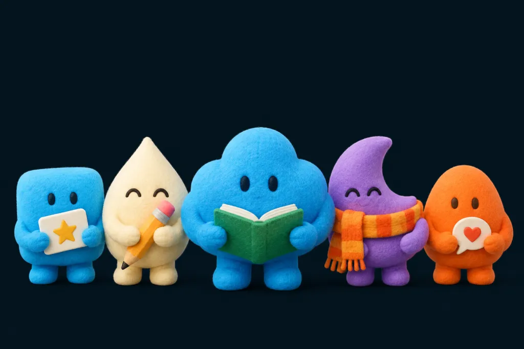 Five plush characters standing together on a dark background