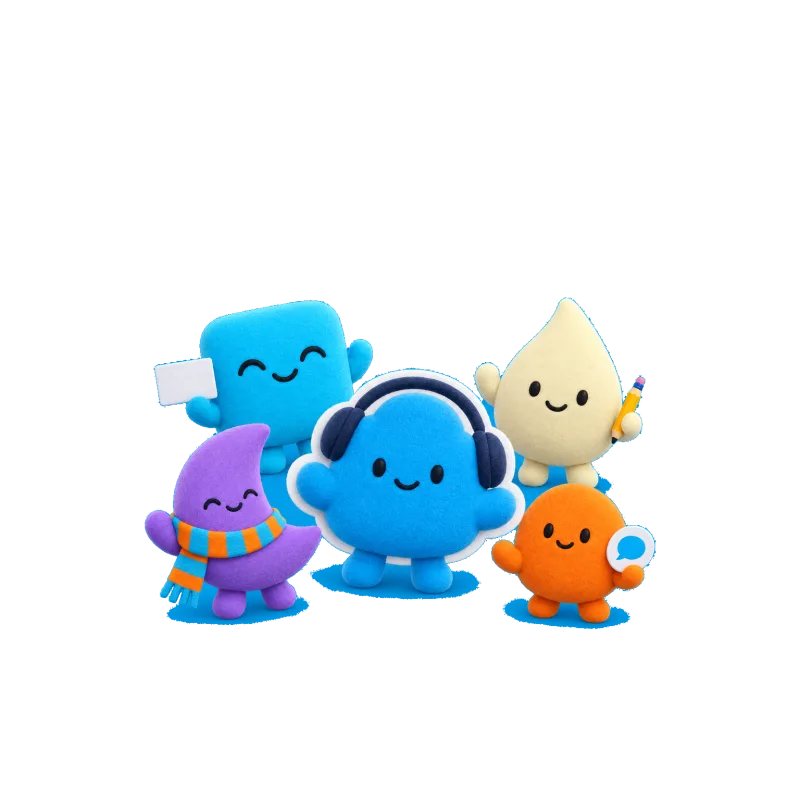 A group of plush characters