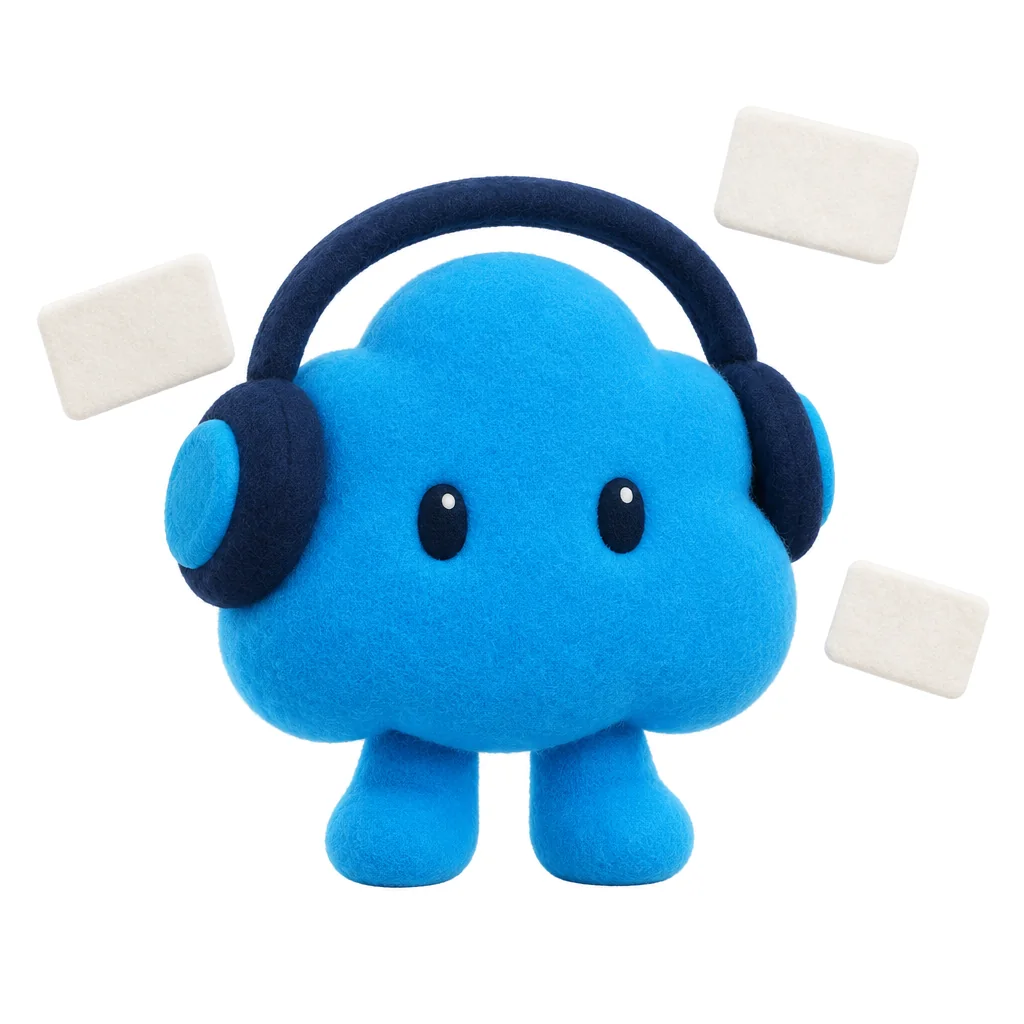 Lo, a blue plush cloud wearing headphones, with a few blank word cards floating around
